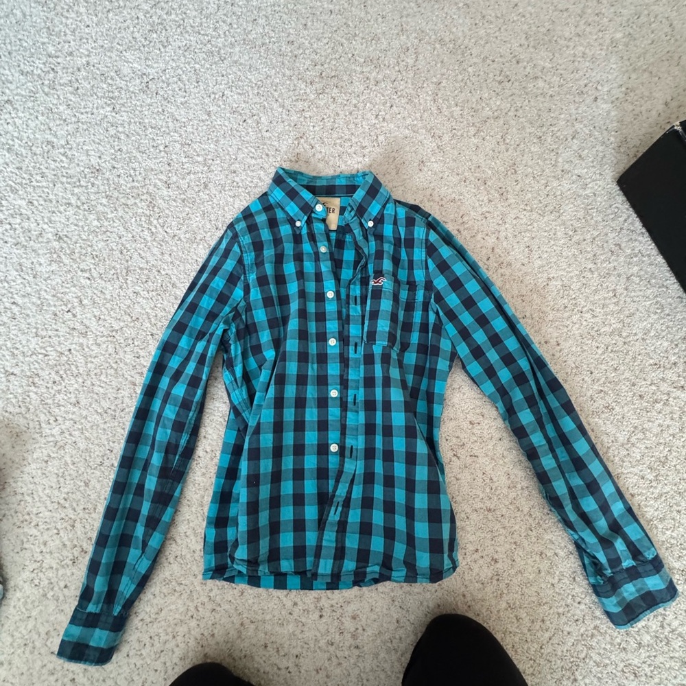 Hollister Teal and Black Plaid Button-Down Shirt